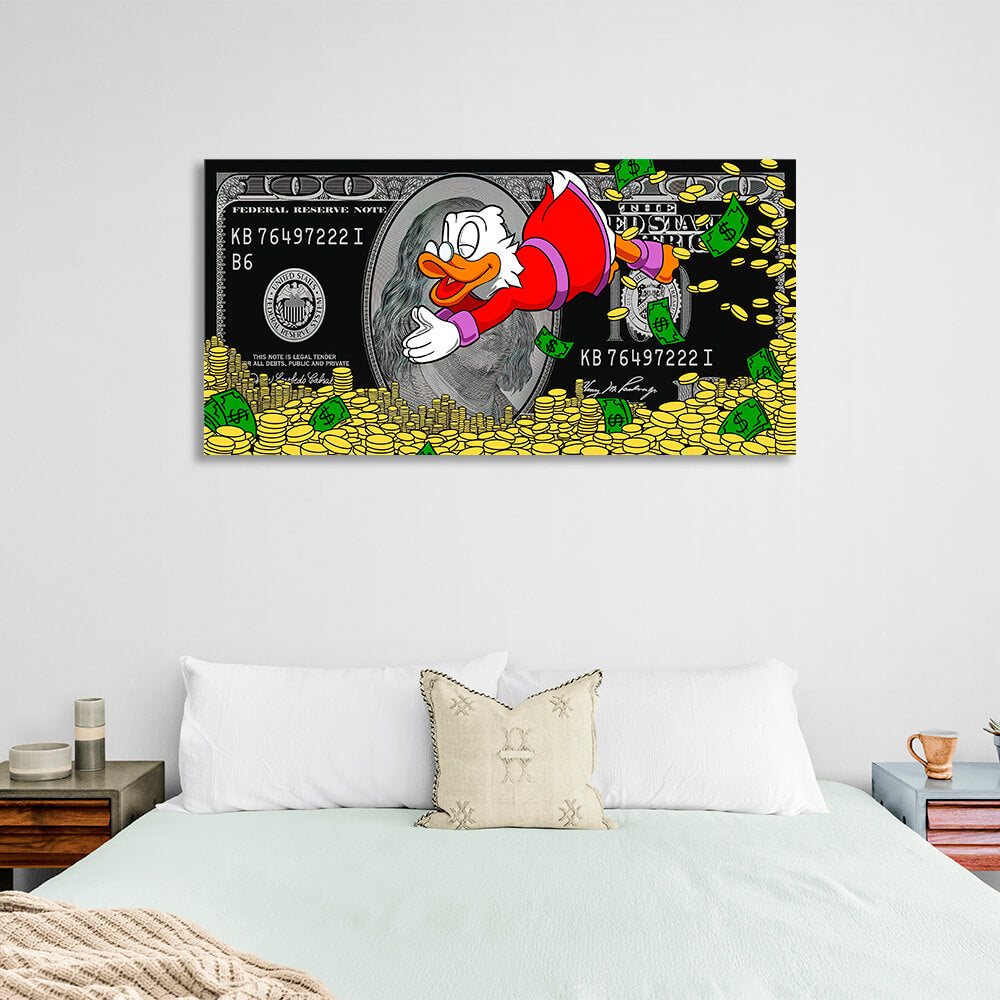 Skrooge dives into the money dollar Inspirational Canvas Wall Art Print