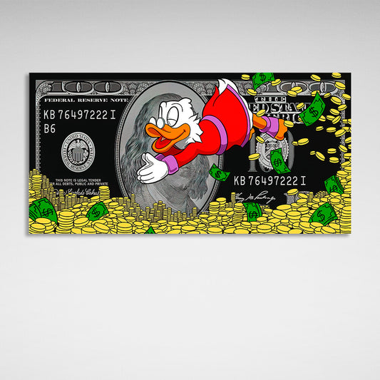 Skrooge dives into the money dollar Inspirational Canvas Wall Art Print