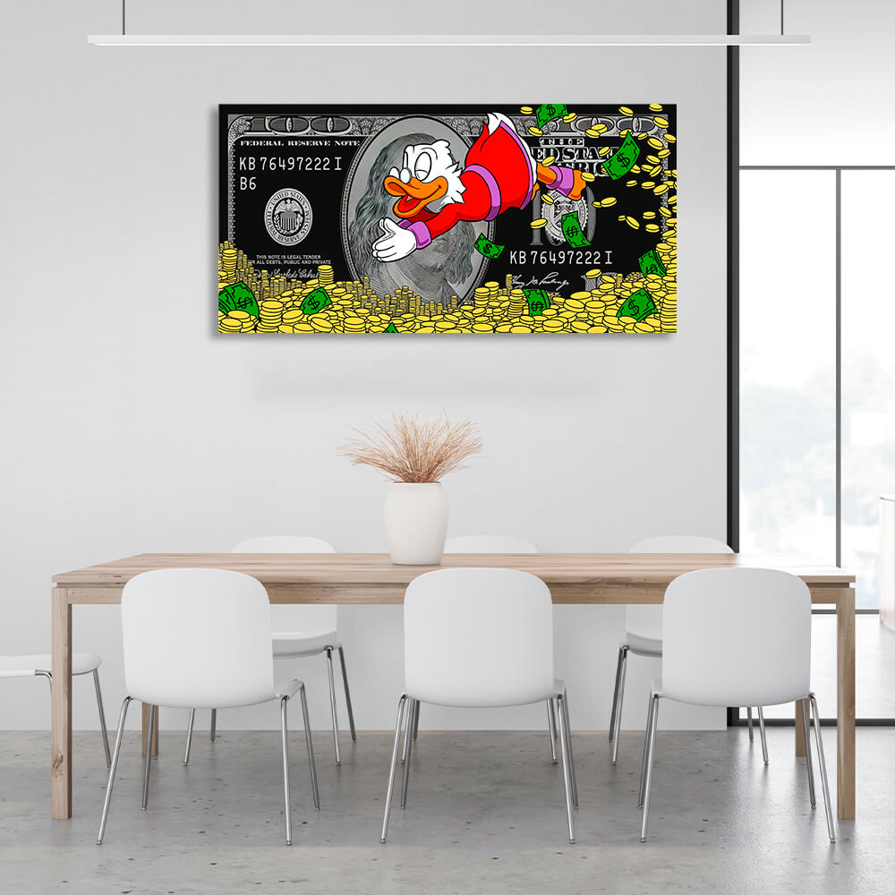 Skrooge dives into the money dollar Inspirational Canvas Wall Art Print