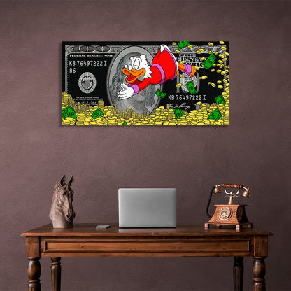 Skrooge dives into the money dollar Inspirational Canvas Wall Art Print