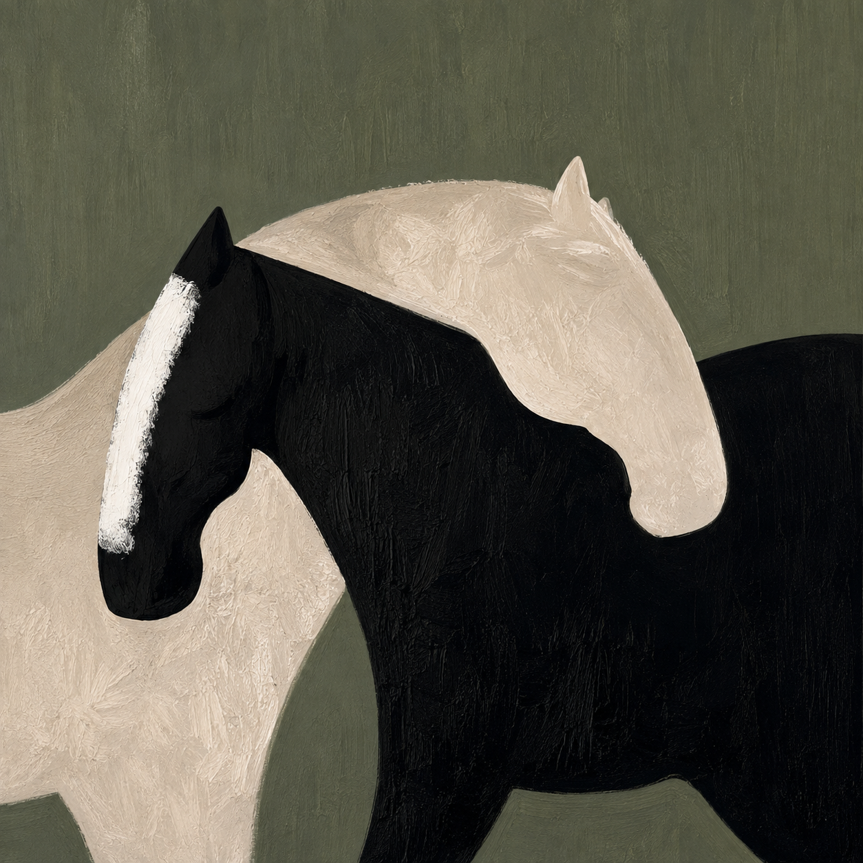 Abstract Horse Wall Art – Two Horses Olive Green Neutral Canvas Print