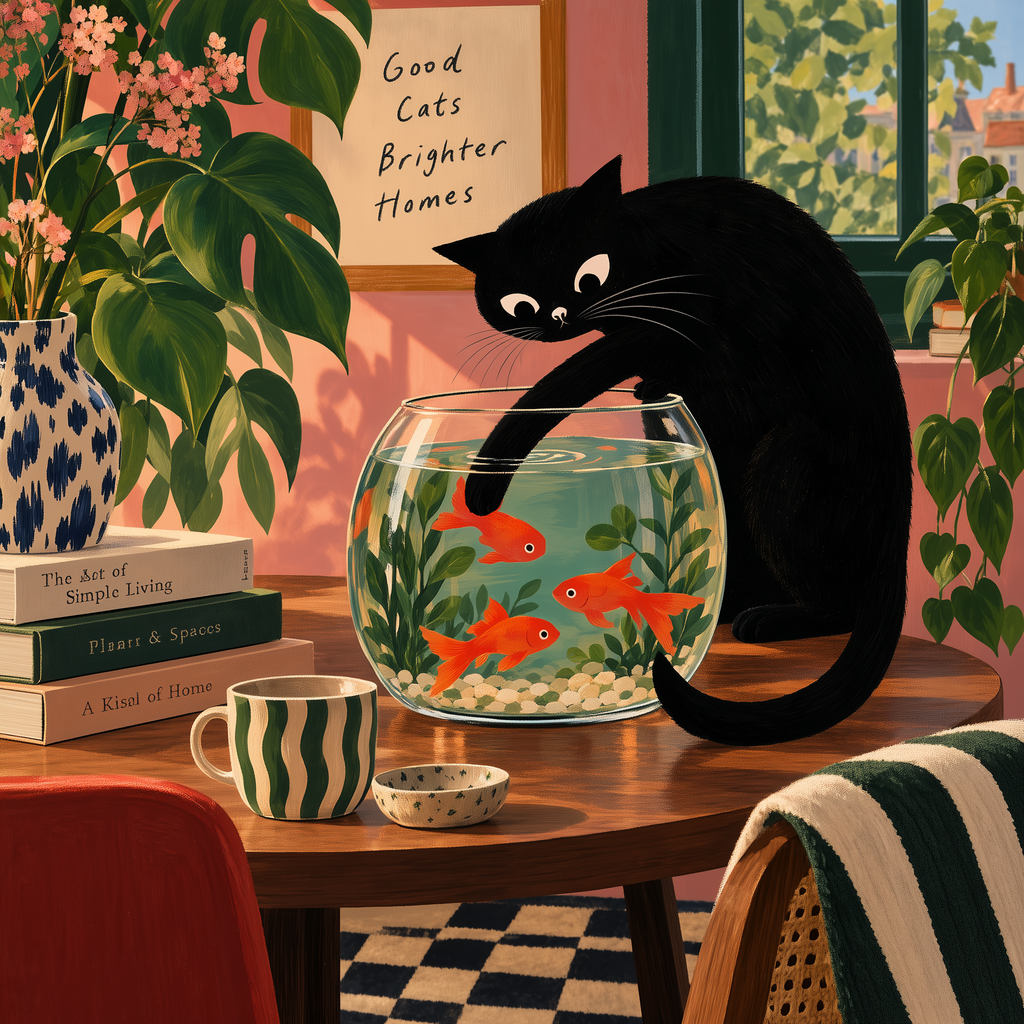 Black Cat and Goldfish Wall Art – Whimsical Cat Fishbowl Canvas-''Caught in the act''