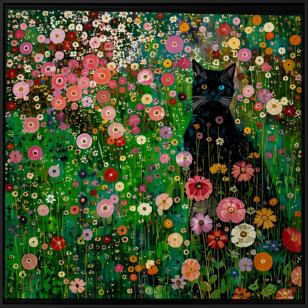 Black Cat in Wildflower Meadow Canvas Wall Art, Colorful Floral Cat Painting, Botanical Cat Print, Modern Cottagecore Wall Decor, Whimsical Nature Artwork