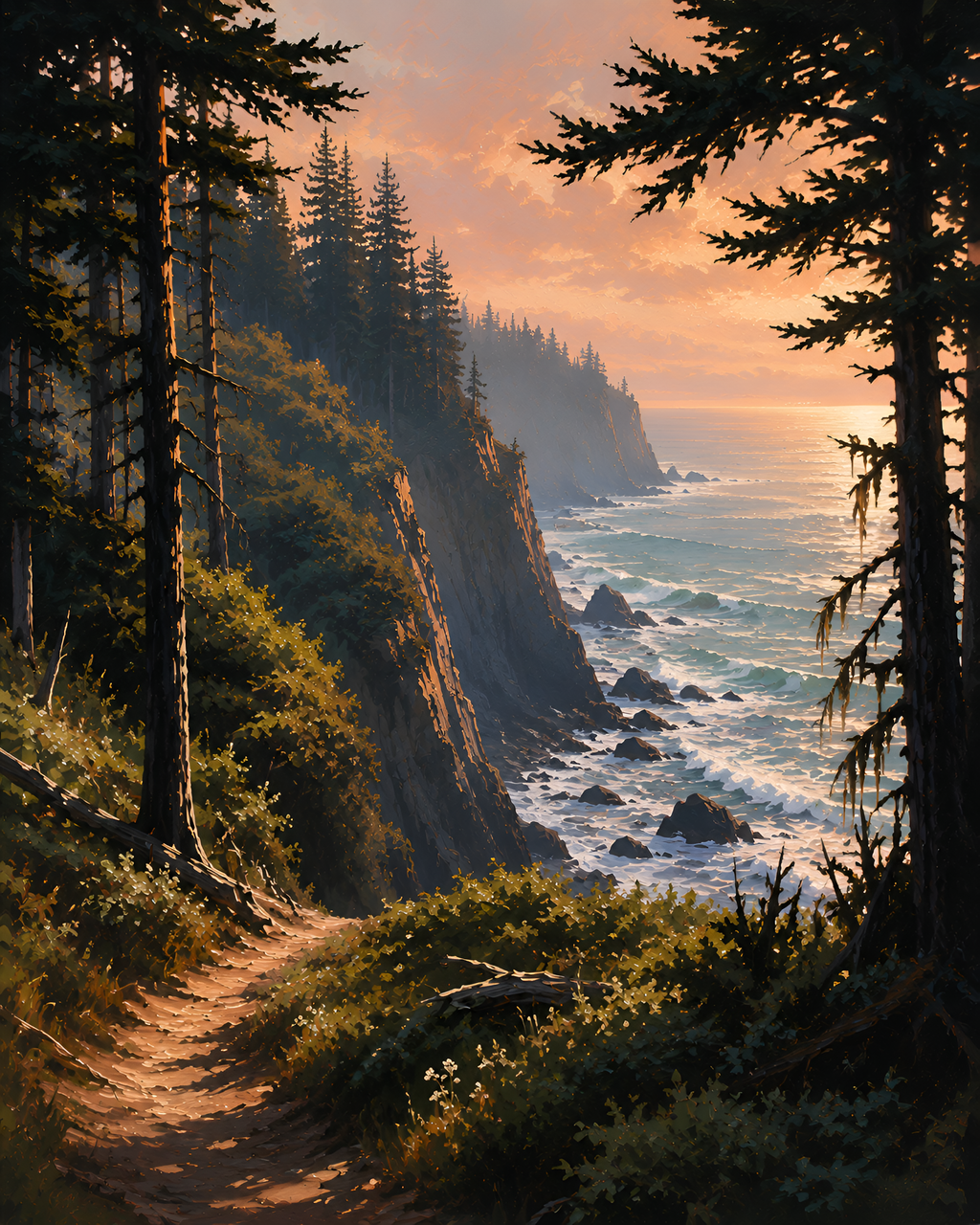 Coastal Cliff Canvas Wall Art, Forest Ocean Landscape Painting, Pacific Coast Nature Canvas for Living Room