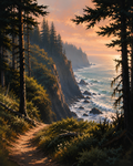 Coastal Cliff Canvas Wall Art, Forest Ocean Landscape Painting, Pacific Coast Nature Canvas for Living Room