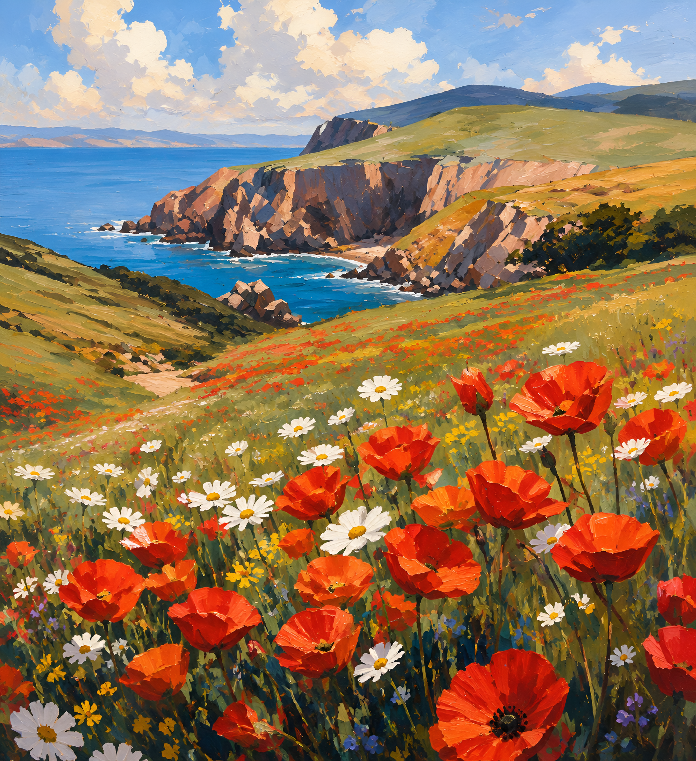 Coastal Poppy Field Canvas Wall Art, Wildflower Cliff Landscape Canvas Print, Ocean View Oil Painting