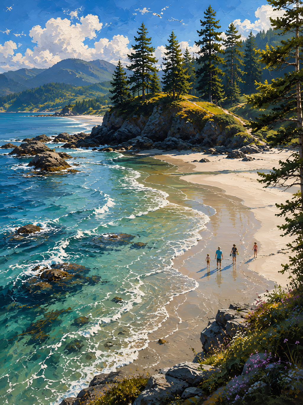 Forest Ocean Landscape Painting, Pacific Coast Nature Canvas for Living Room