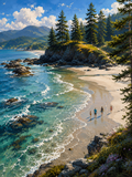 Forest Ocean Landscape Painting, Pacific Coast Nature Canvas for Living Room