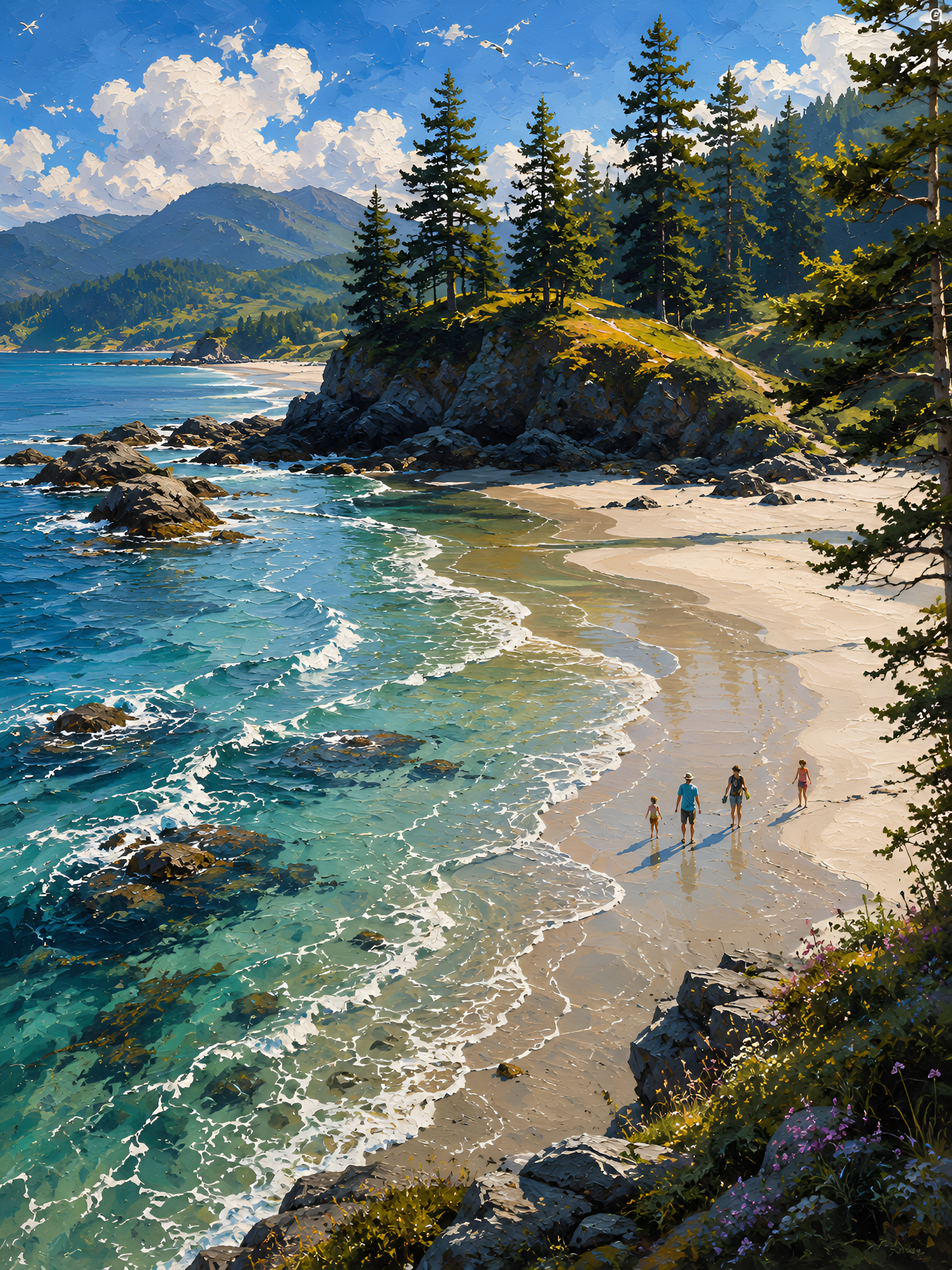Forest Ocean Landscape Painting, Pacific Coast Nature Canvas for Living Room