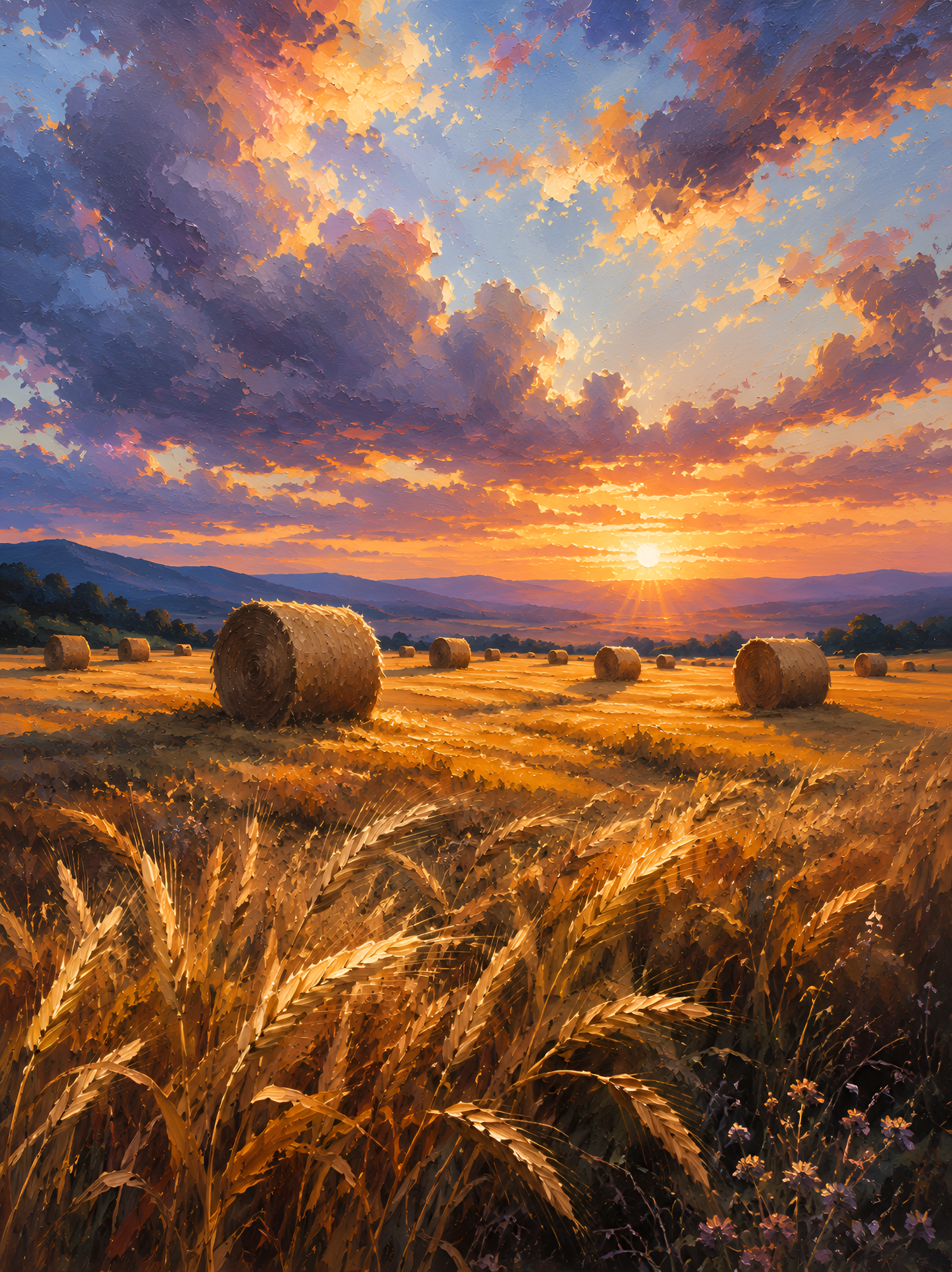 Golden Wheat Field Canvas Wall Art, Rustic Farm Landscape Canvas Print, Sunset Countryside Oil Painting for Living Room