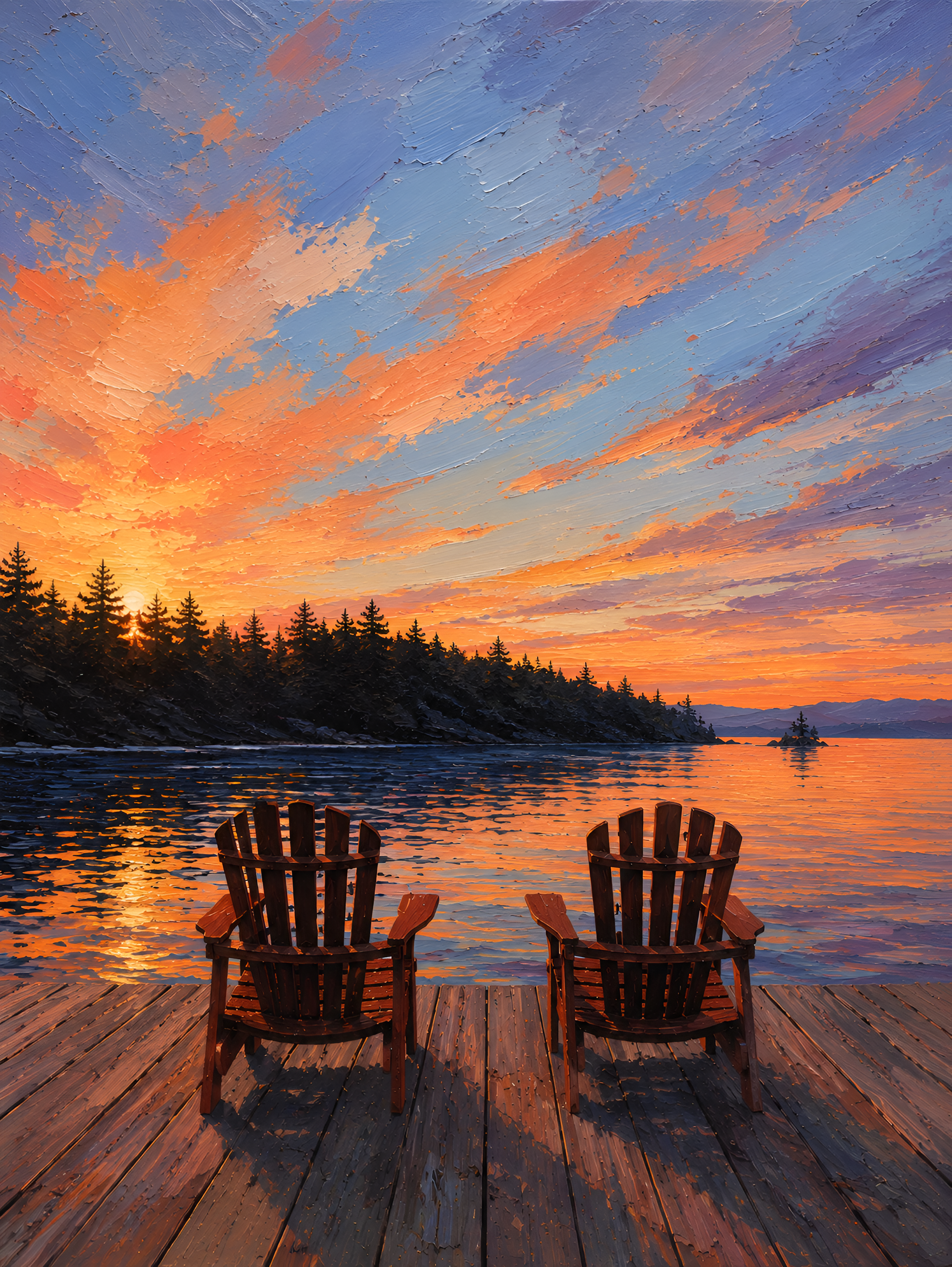 Sunset Lake Canvas Wall Art, Adirondack Chairs Canvas Print, Colorful Lake Landscape Oil Painting, Large Nature Wall Art for Living Room