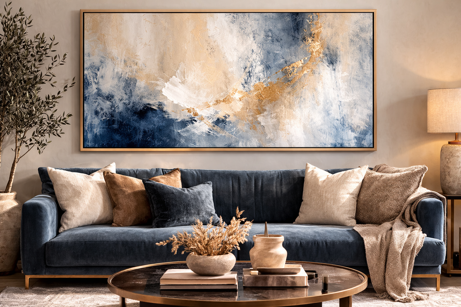 Modern Blue Beige Abstract Canvas Wall Art for Living Room