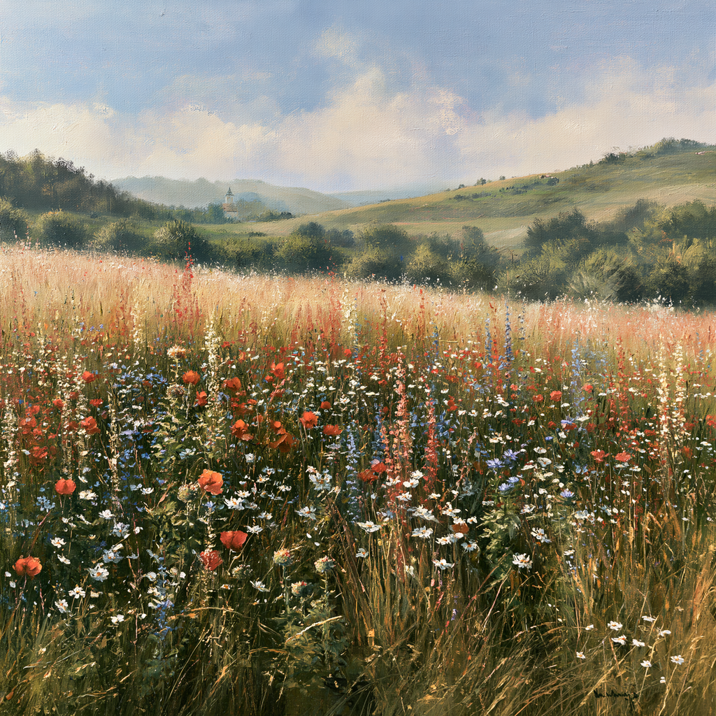 Sunlit Wildflower Valley Canvas Wall Art -Meadow Landscape Print