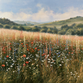 Sunlit Wildflower Valley Canvas Wall Art -Meadow Landscape Print