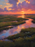 Sunset Marsh Canvas Wall Art, Coastal Wetlands Landscape Canvas Print, Colorful Salt Marsh Oil Painting