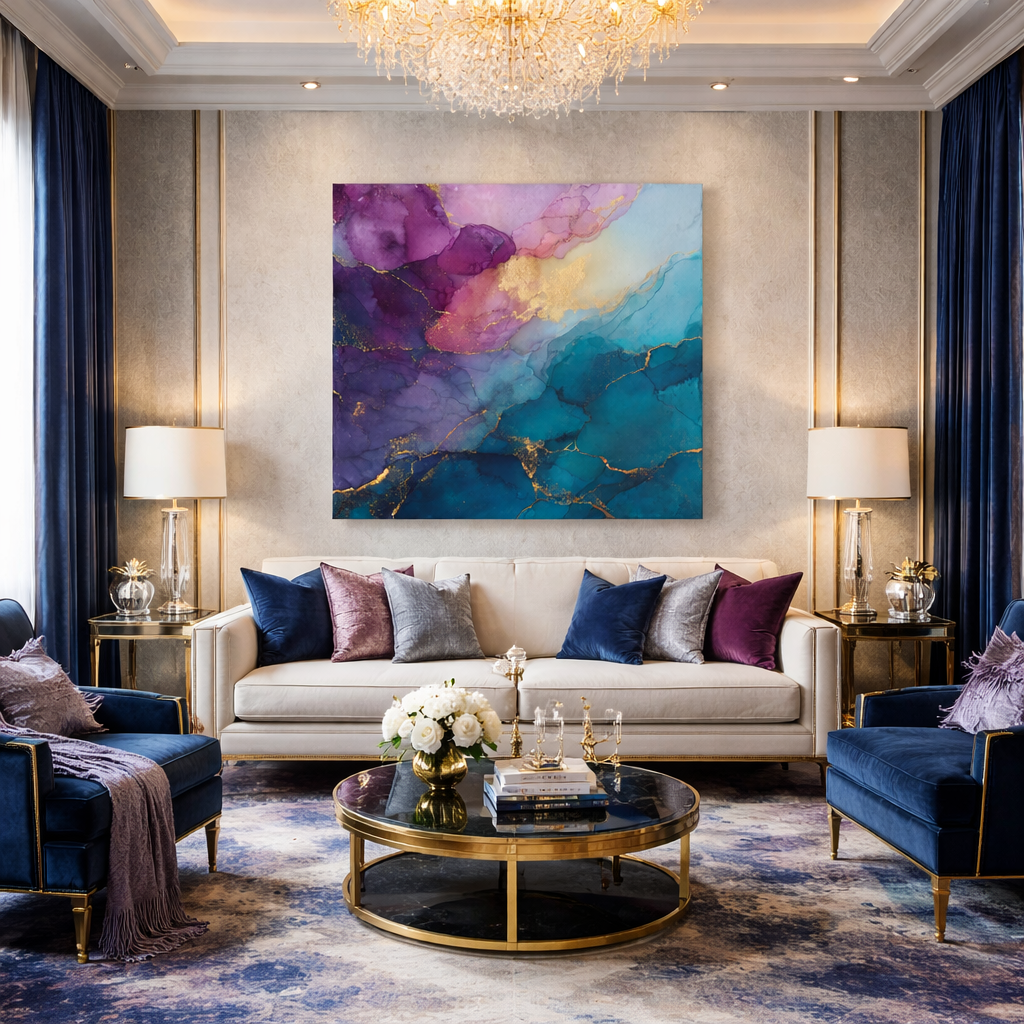 Luxurious living room with a chandelier, abstract painting, and decorative furniture.