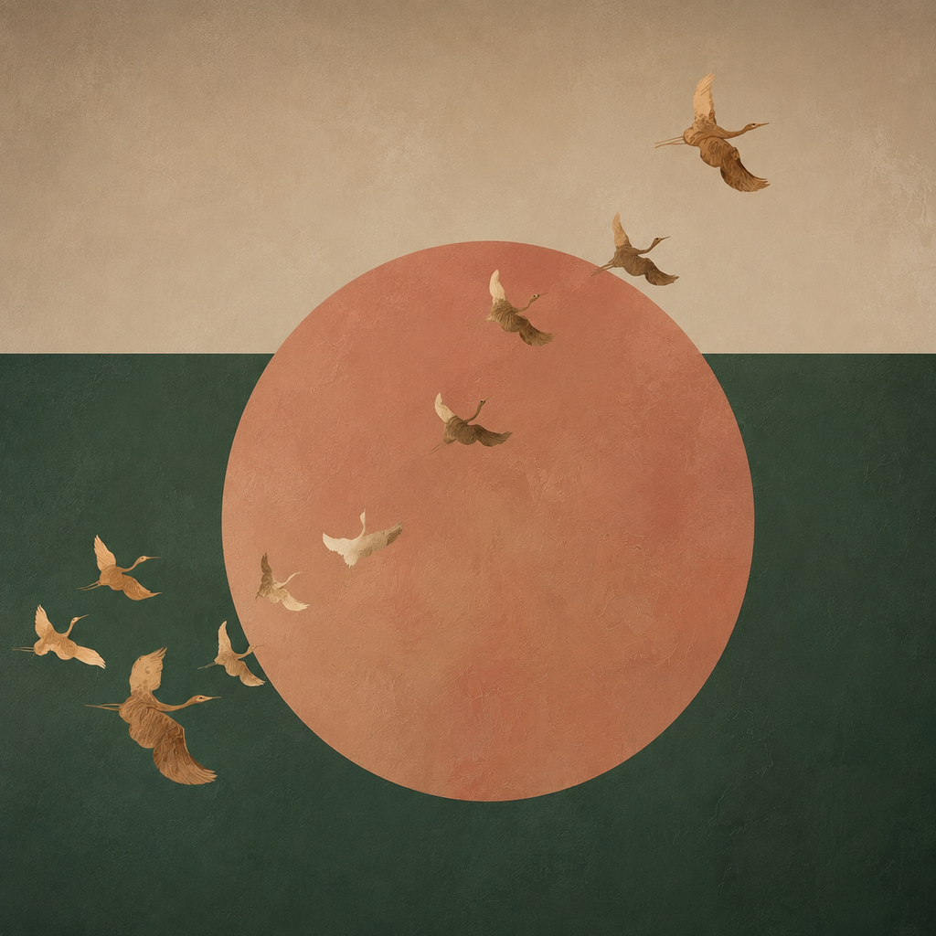 Terracotta Sun & Flying Cranes Canvas Wall Art – Green and Beige Abstract Nature Print