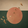 Terracotta Sun & Flying Cranes Canvas Wall Art – Green and Beige Abstract Nature Print