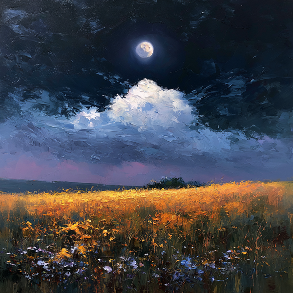 Moonlit Meadow – Contemporary Landscape Canvas Wall Art Collection | Night Sky Wall Decor