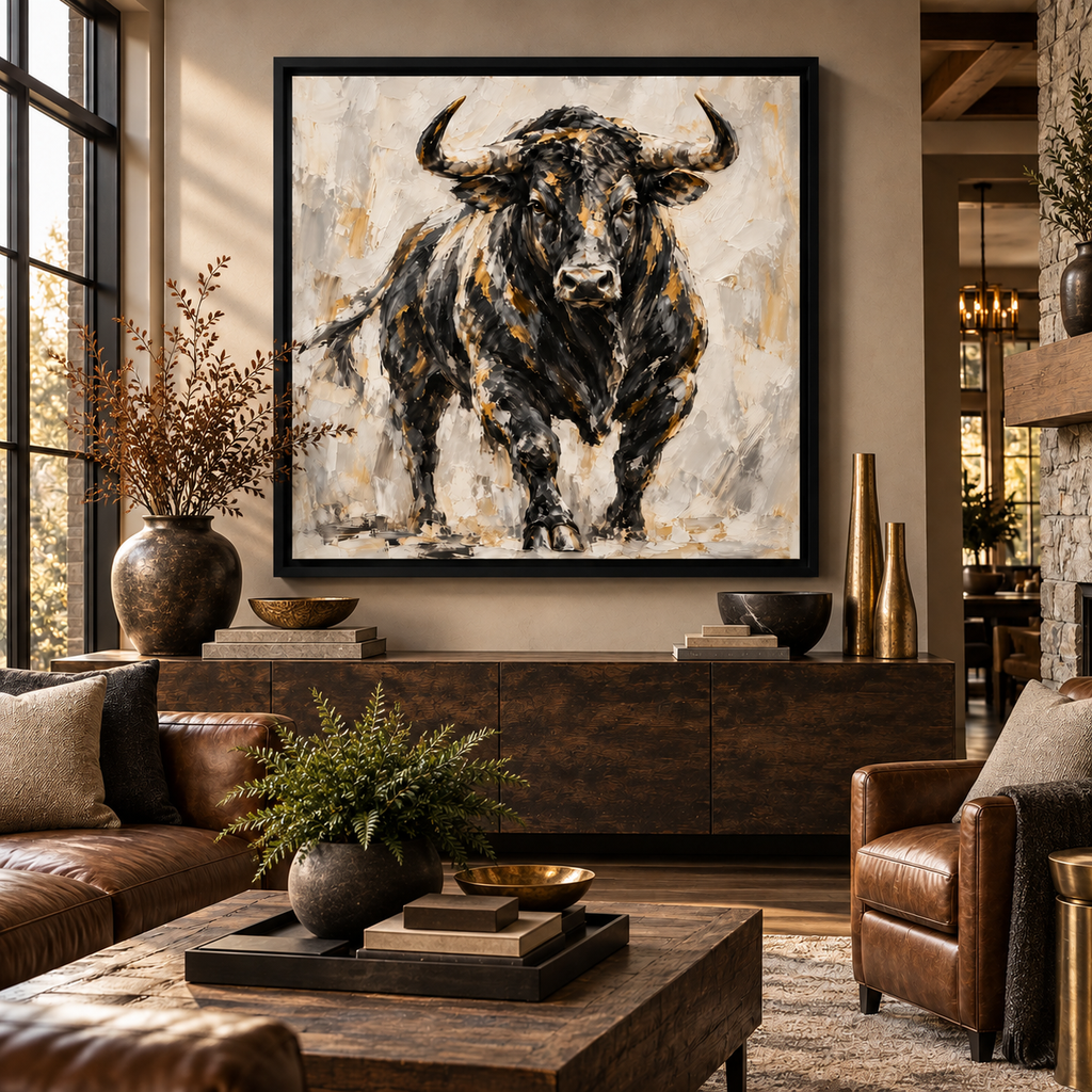 Black Bull Wall Art – Abstract Western Cattle Canvas