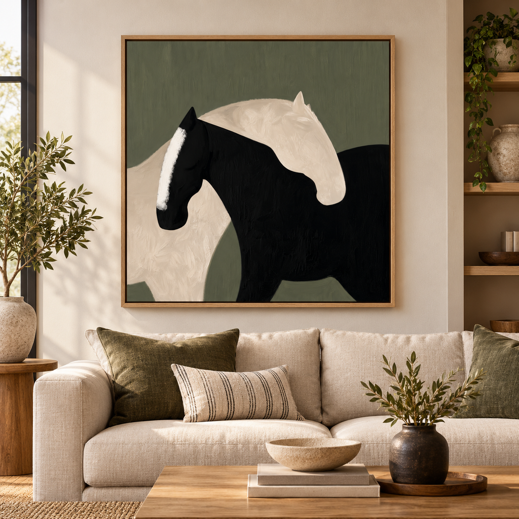Two Horses Wall Art – Black & White Abstract Canvas Print