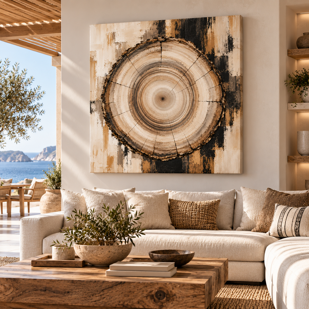 Tree Ring Wall Art – Neutral Abstract Wood Grain Canvas
