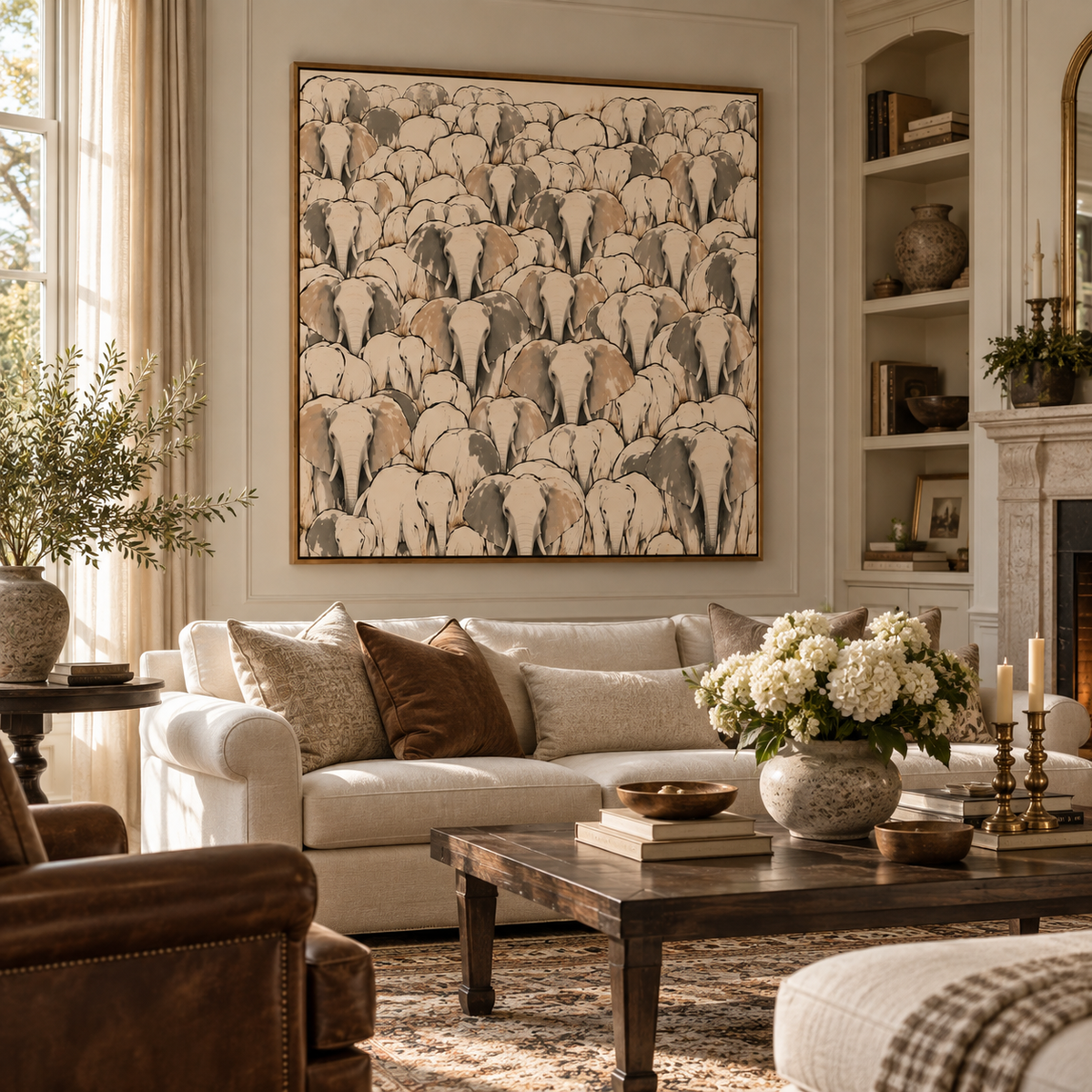 Elephant Herd Wall Art – Neutral African Wildlife Canvas- African Savanna
