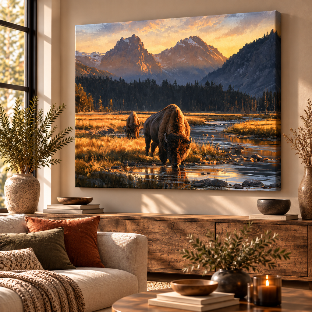 Yellowstone Bison Canvas Wall Art – Western Mountain Landscape Print