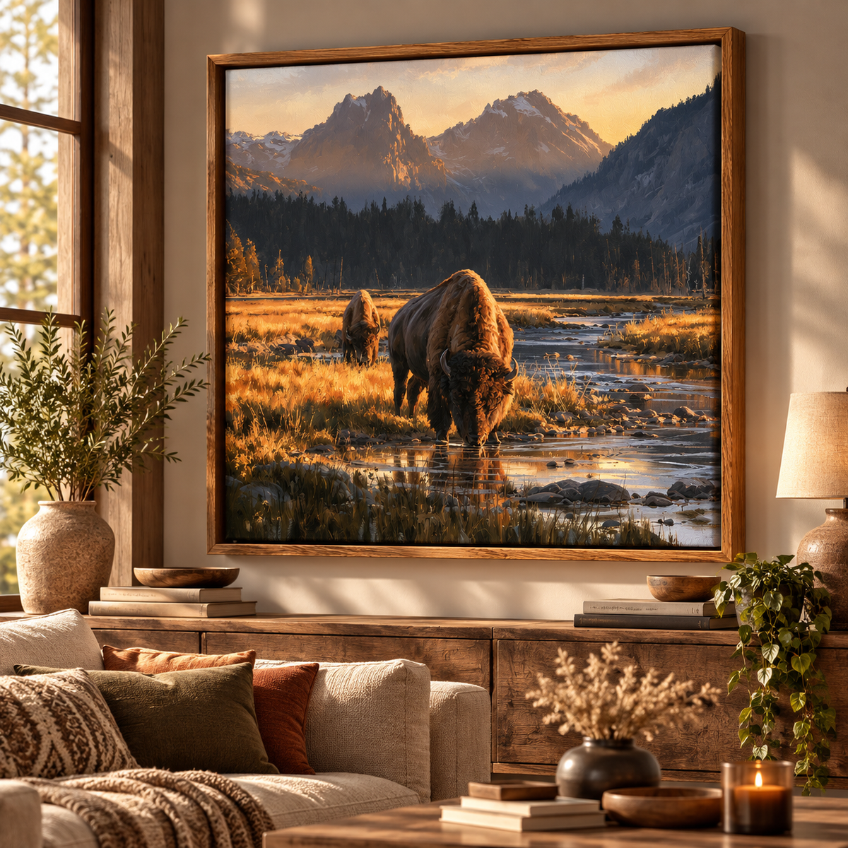 Yellowstone Bison Canvas Wall Art – Western Mountain Landscape Print