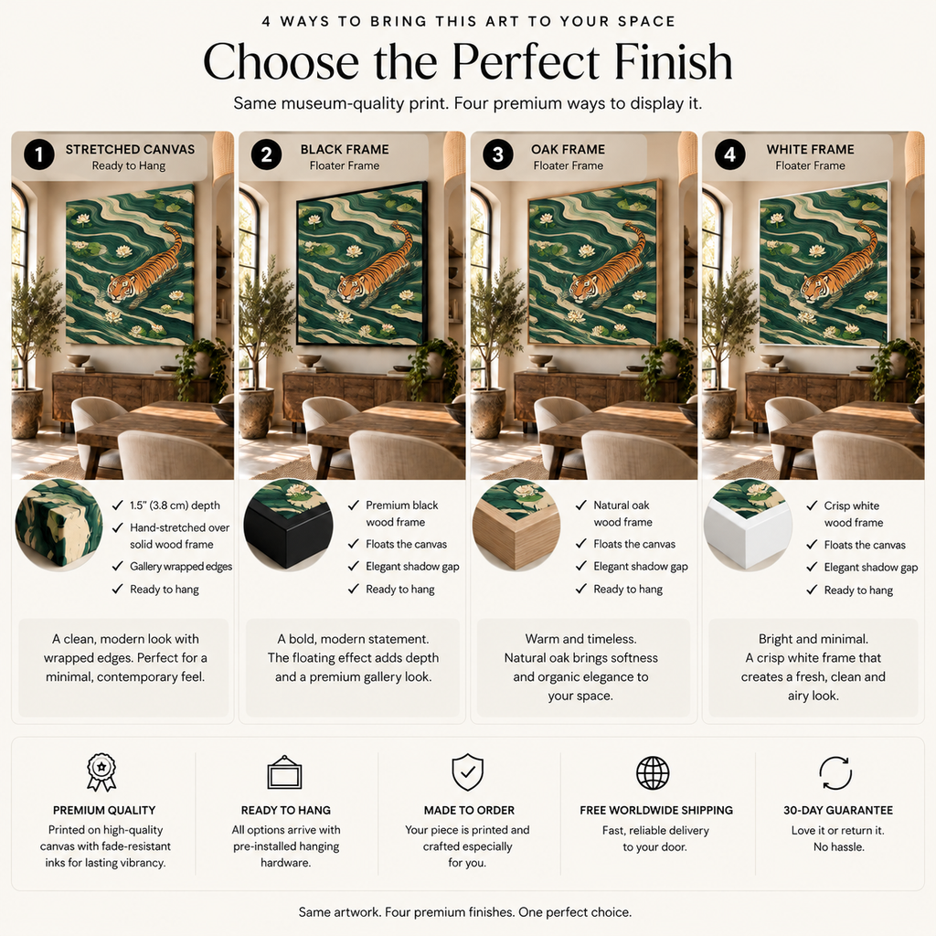 Swimming Tiger Wall Art – Green Botanical Wildlife Canvas