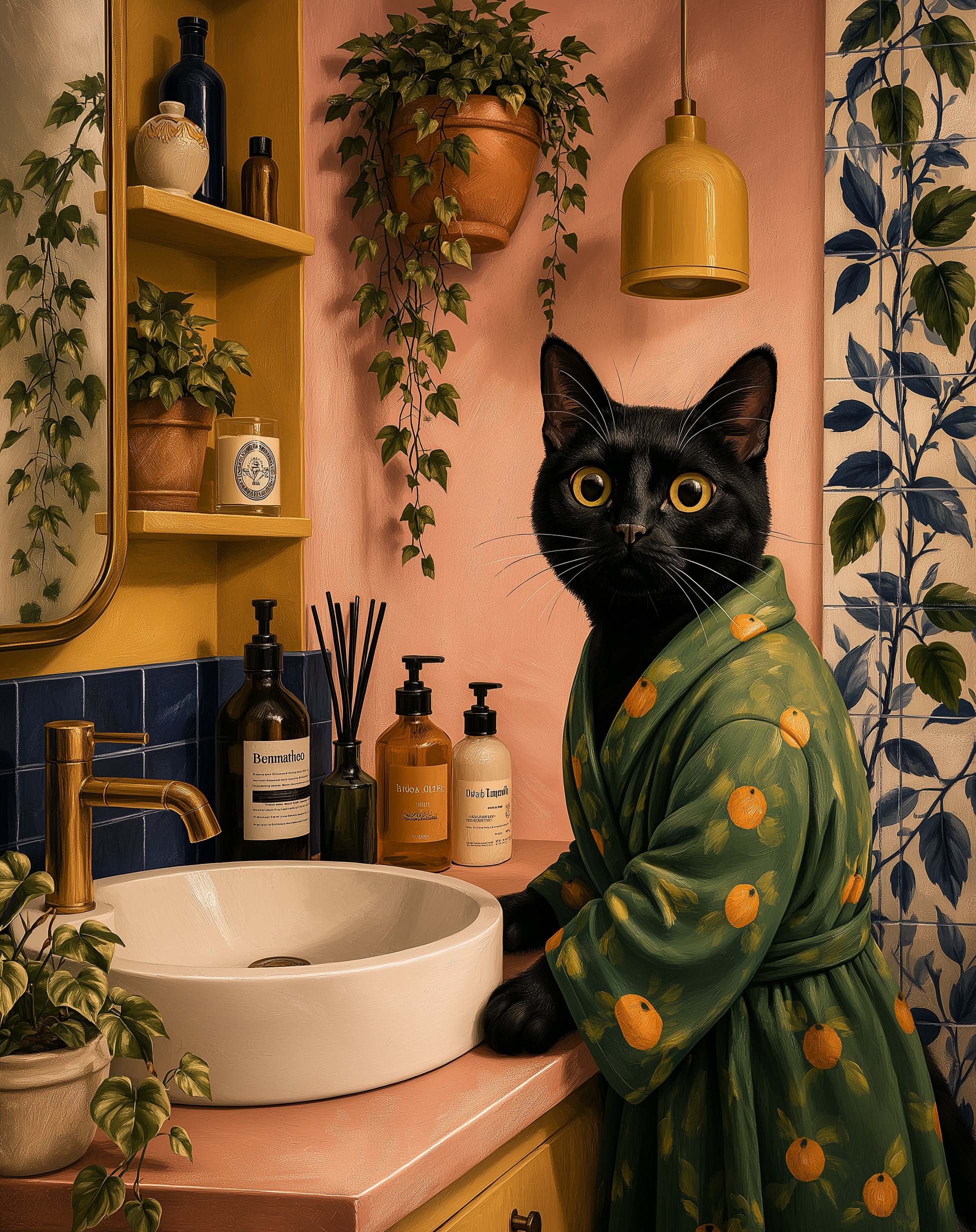 Black Cat Bathroom Wall Art – Quirky Vintage Cat Canvas Painting