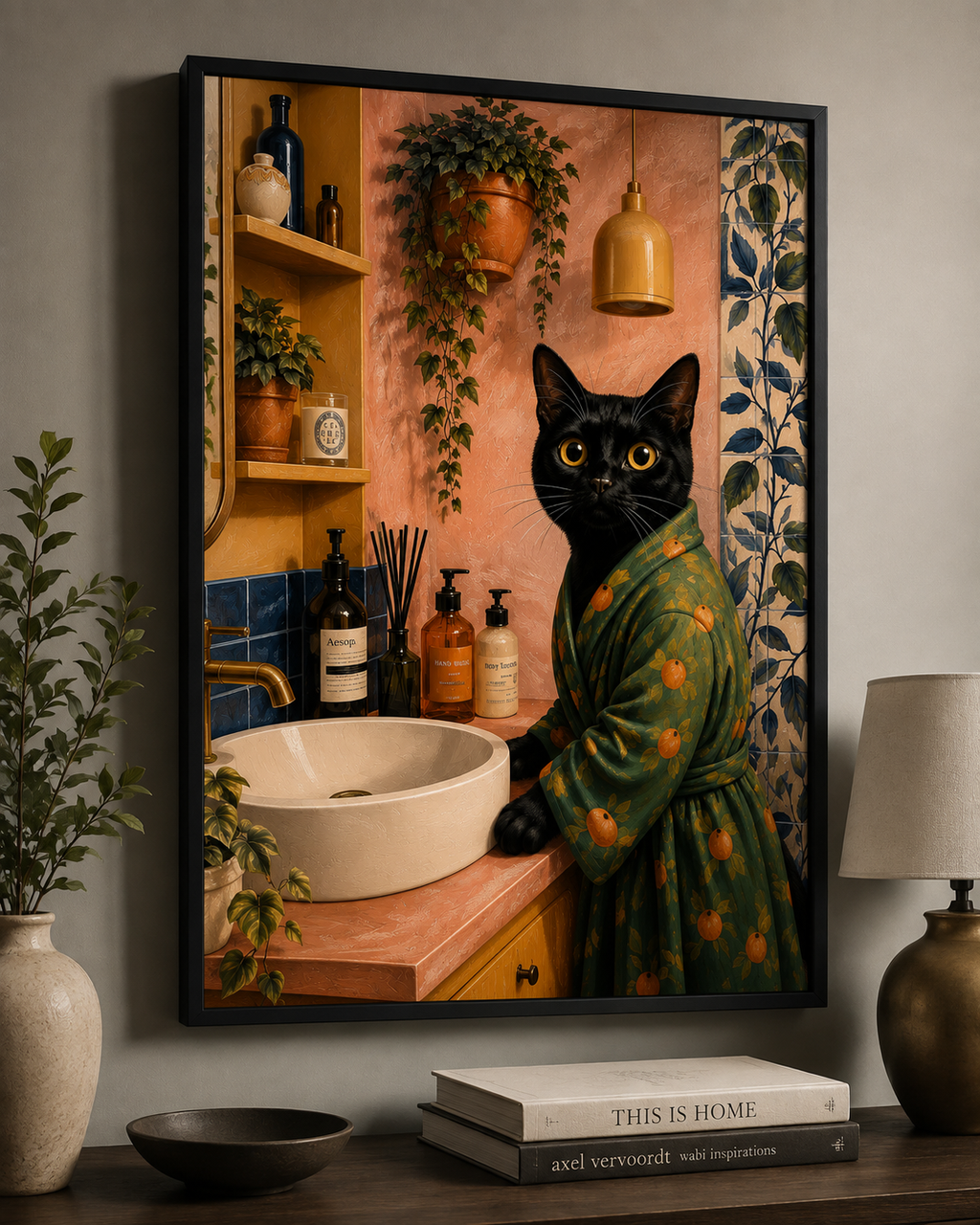 Black Cat Bathroom Wall Art – Quirky Vintage Cat Canvas Painting