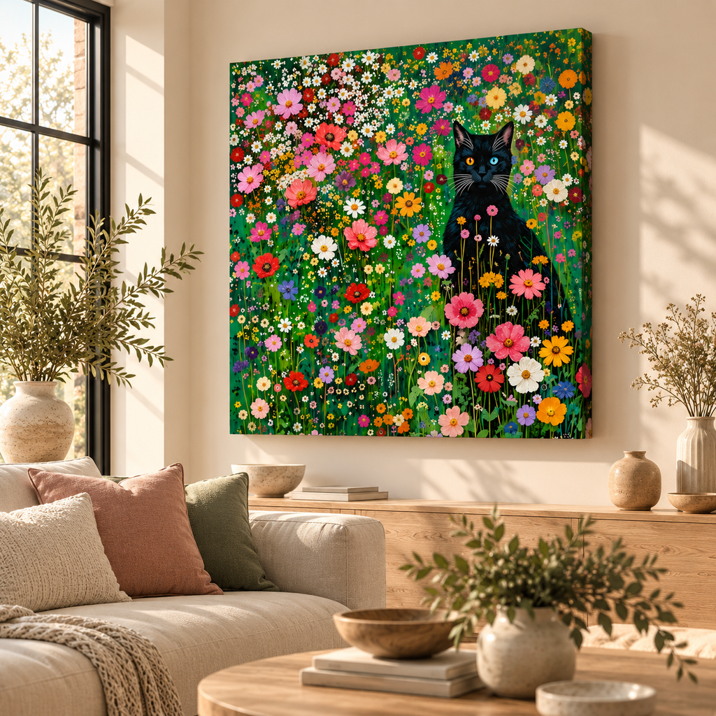 Black Cat Wildflower Wall Art – Colorful Floral Canvas Print