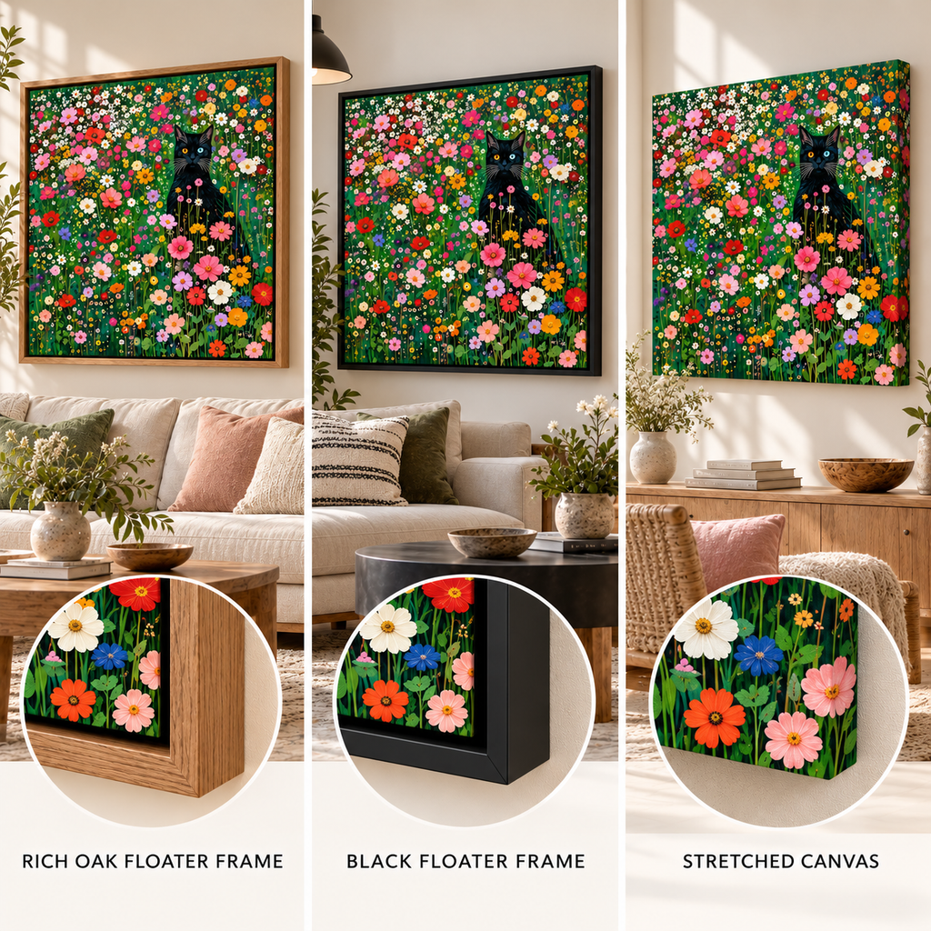 Black Cat Wildflower Wall Art – Colorful Floral Canvas Print