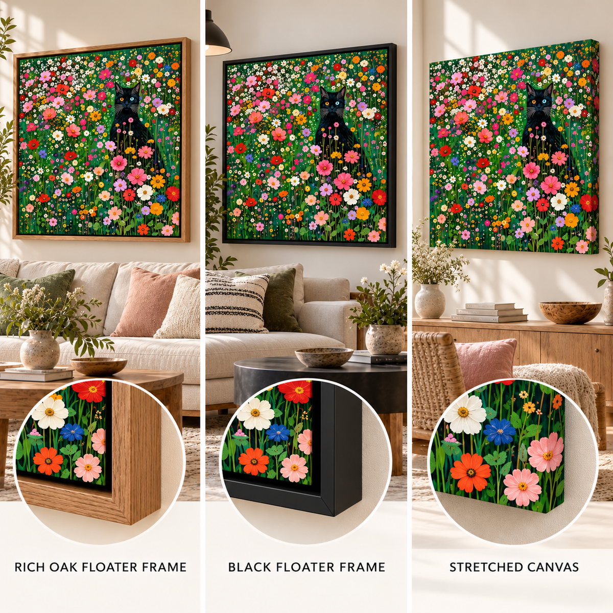 Black Cat Wildflower Wall Art – Colorful Floral Canvas Print