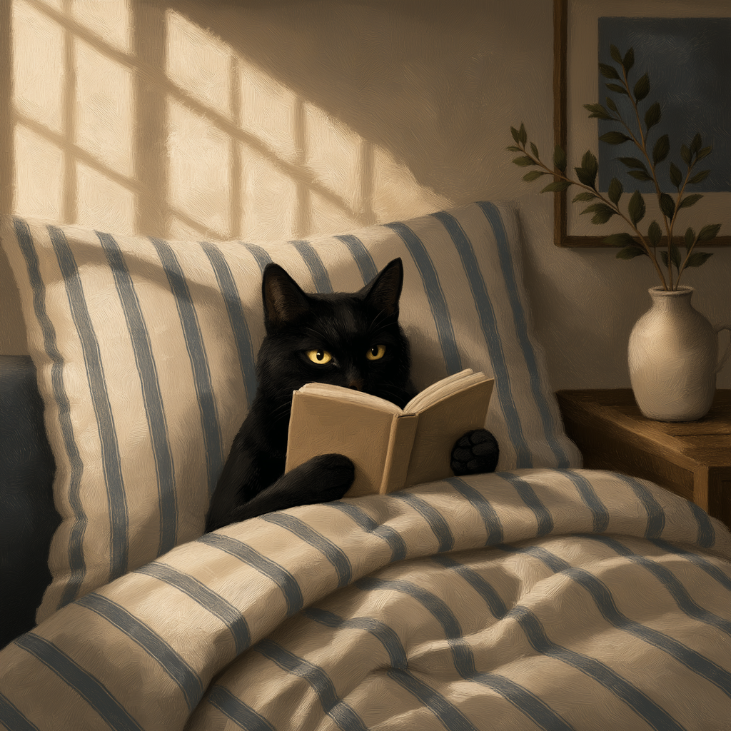 Black Cat Reading Wall Art – Cozy Cat in Bed Canvas for Book Lovers