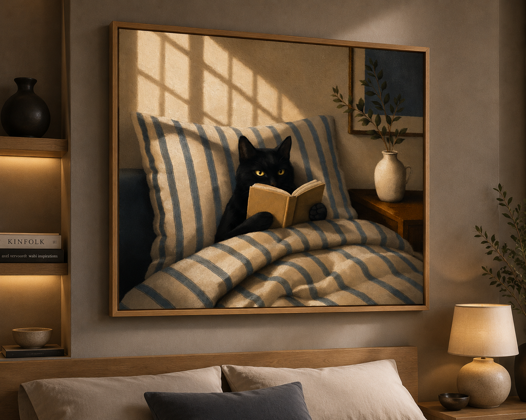 Black Cat Reading Wall Art – Cozy Cat in Bed Canvas for Book Lovers
