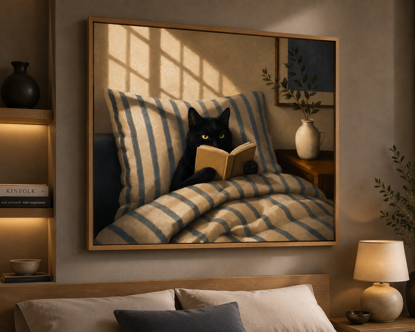 Black Cat Reading Wall Art – Cozy Cat in Bed Canvas for Book Lovers