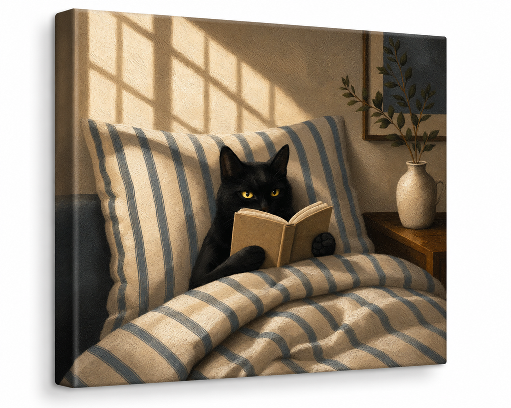 Black Cat Reading Wall Art – Cozy Cat in Bed Canvas for Book Lovers
