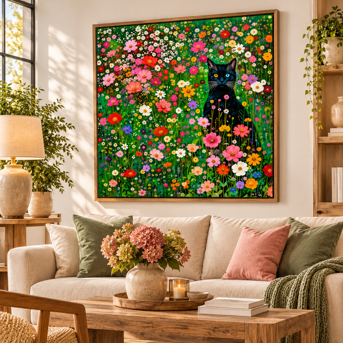 Black Cat Wildflower Wall Art – Colorful Floral Canvas Print