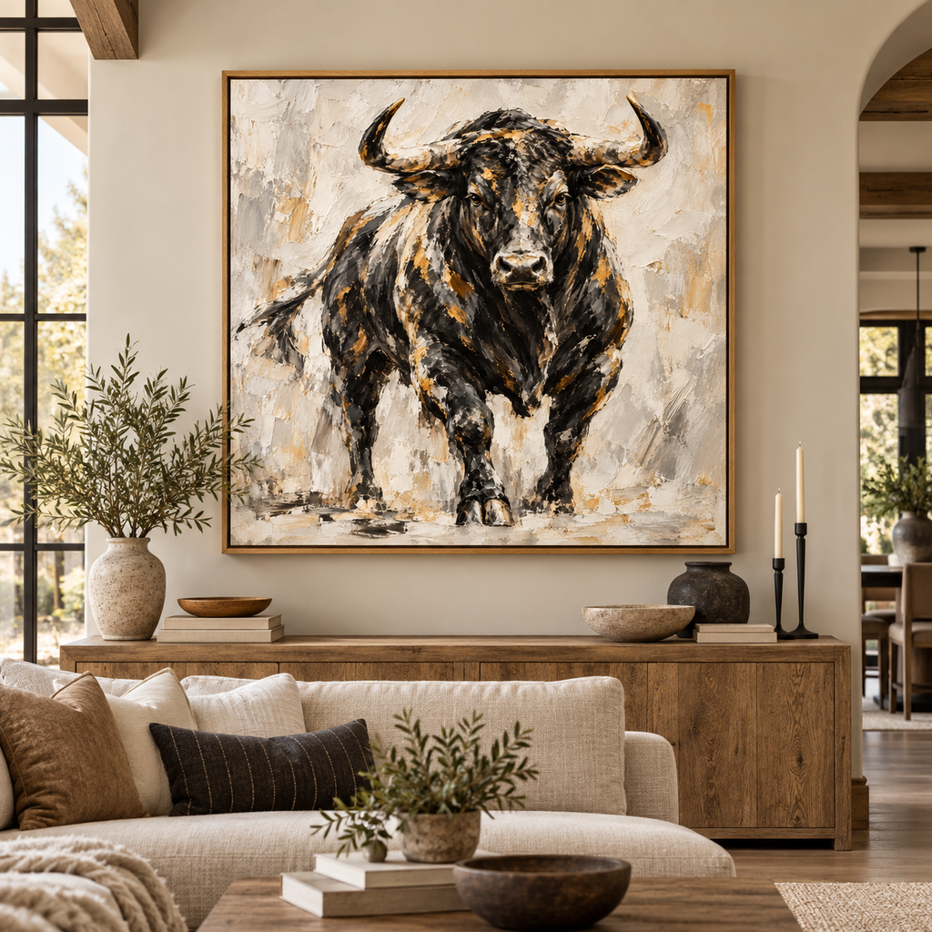 Black Bull Wall Art – Abstract Western Cattle Canvas
