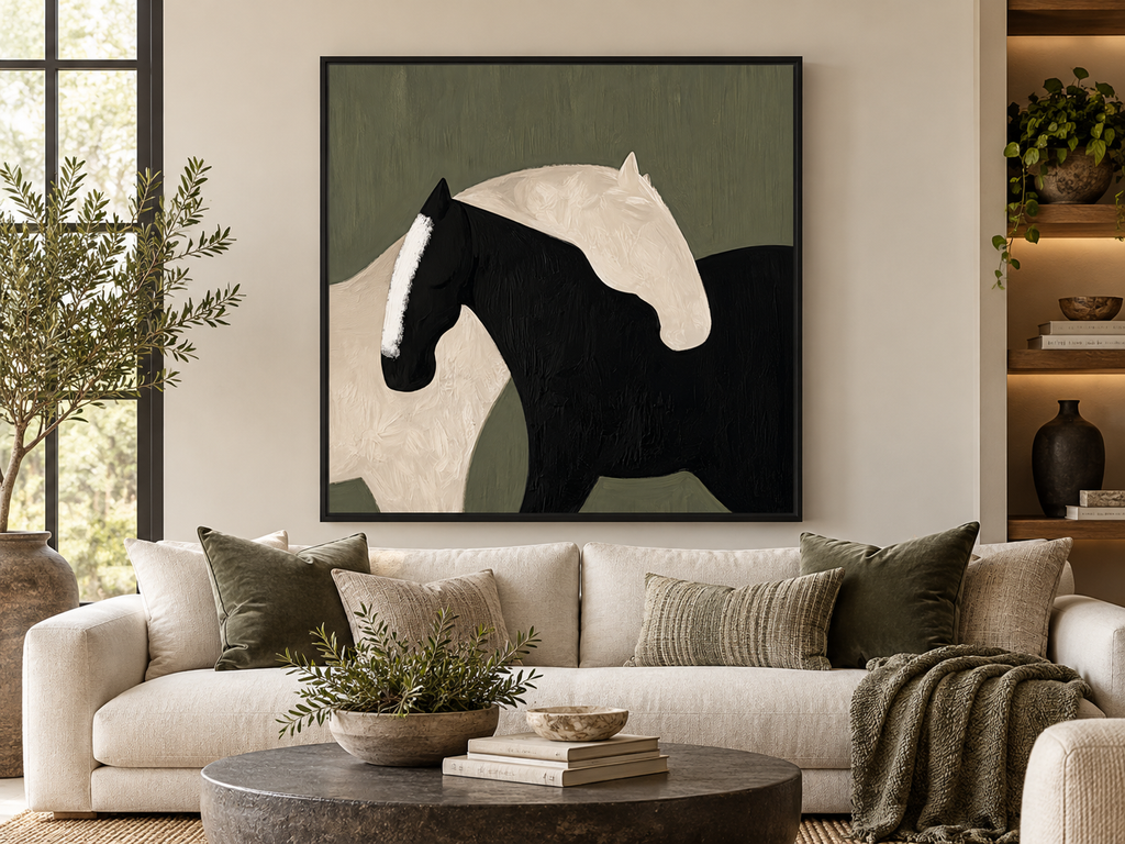 Two Horses Wall Art – Black & White Abstract Canvas Print