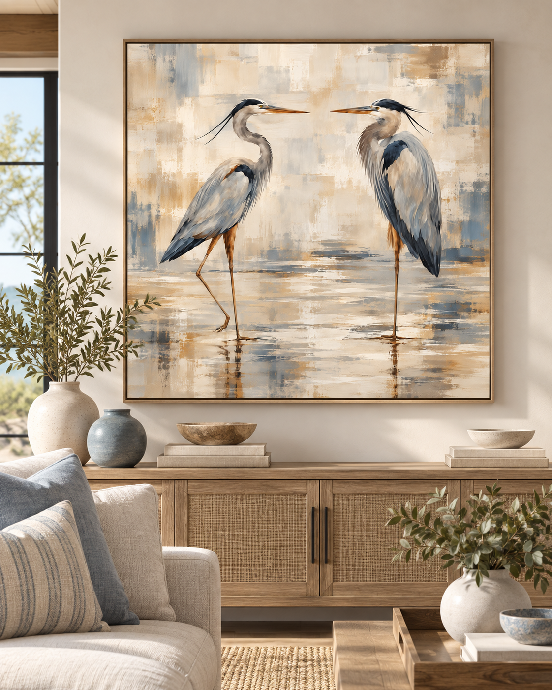 Blue Heron Pair Wall Art – Neutral Coastal Bird Canvas