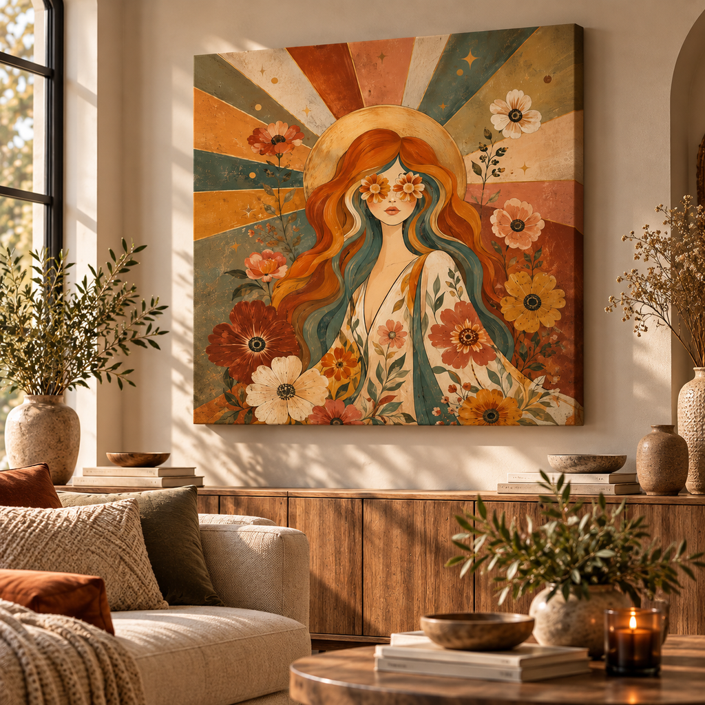 70s Floral Woman Canvas Wall Art – Retro Boho Portrait Print-Floral and Botanical Wall Art