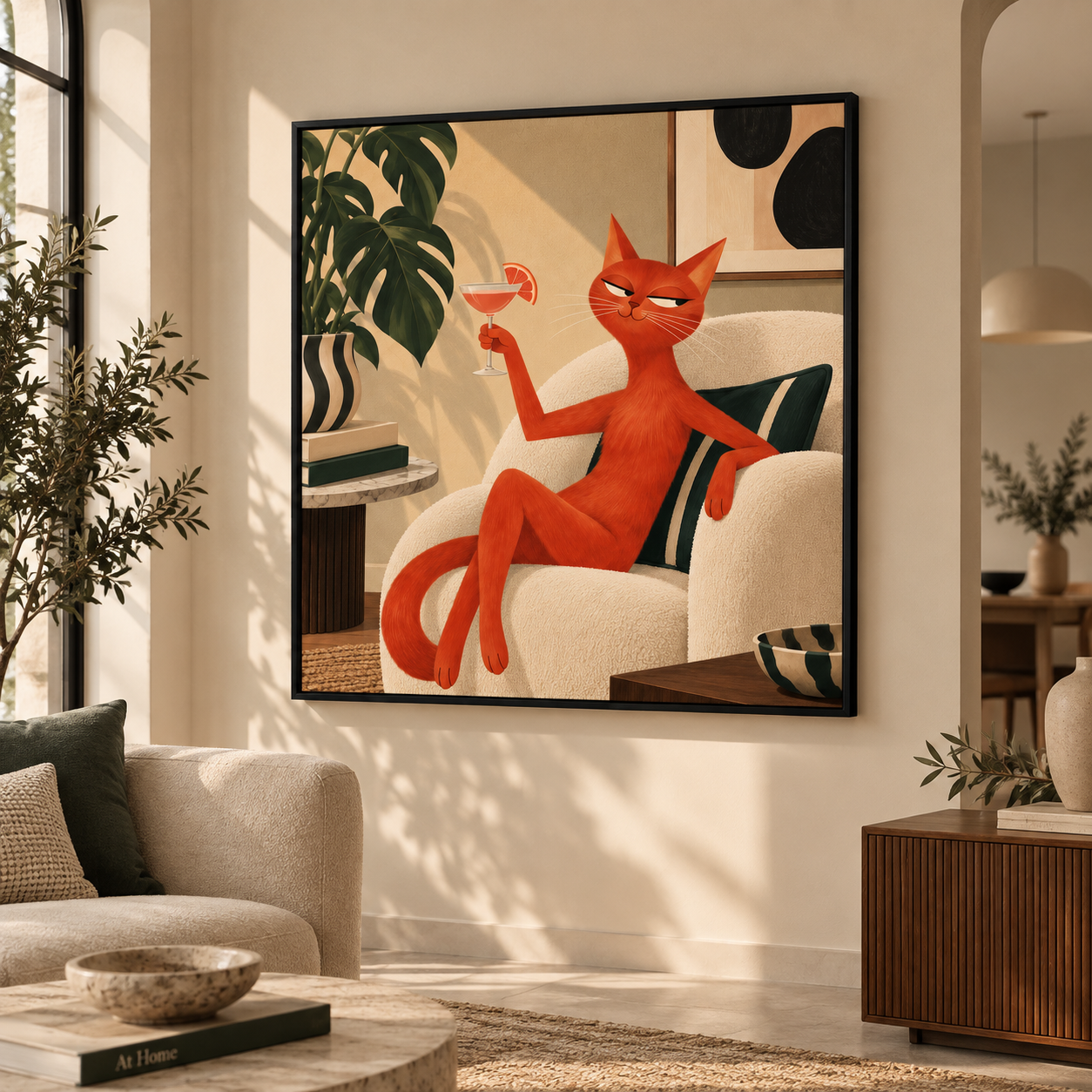 Orange Cat Cocktail Wall Art – Retro Mid Century Cat Canvas-'' I own this place''
