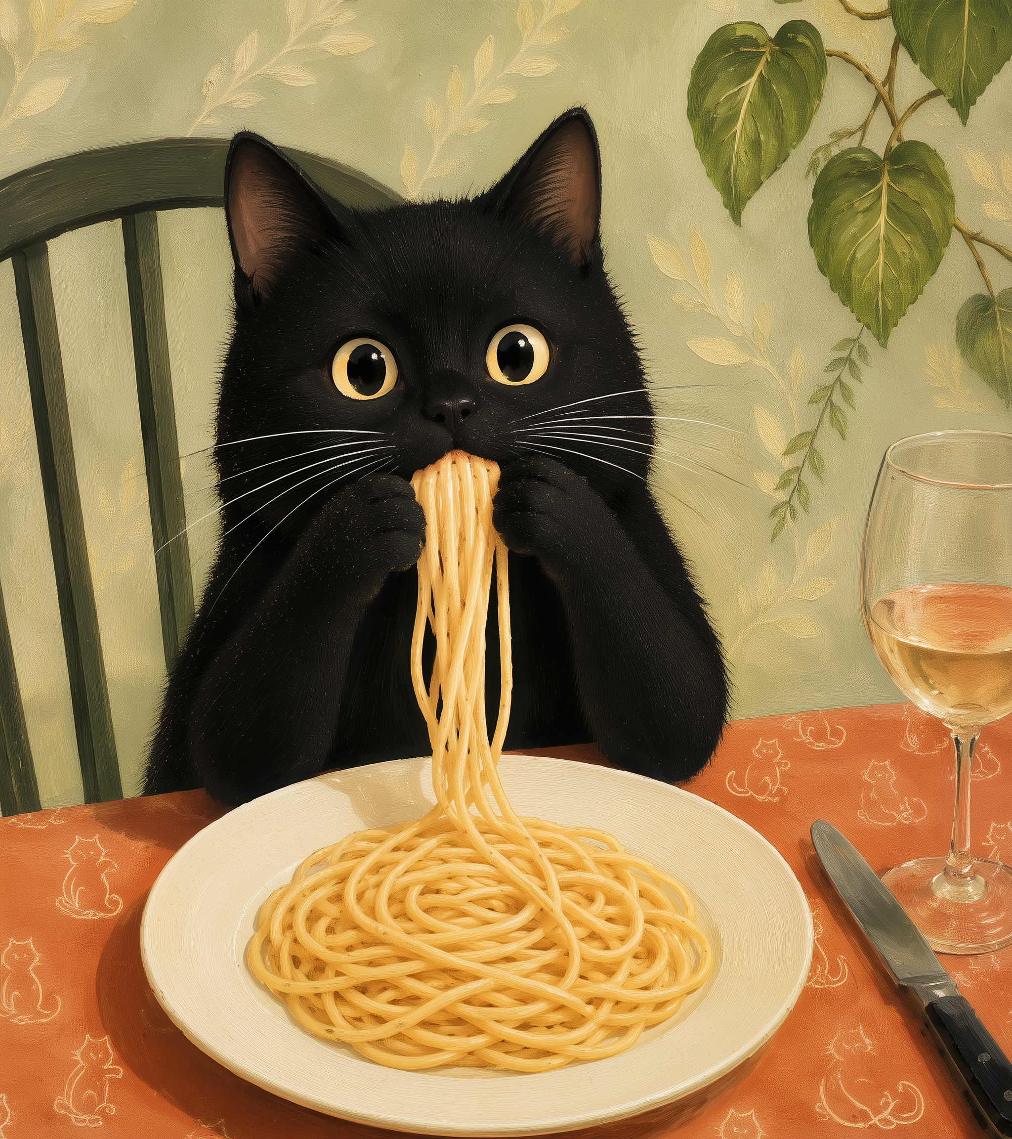 Black Cat Eating Spaghetti Canvas Wall Art – Funny Kitchen Cat Painting