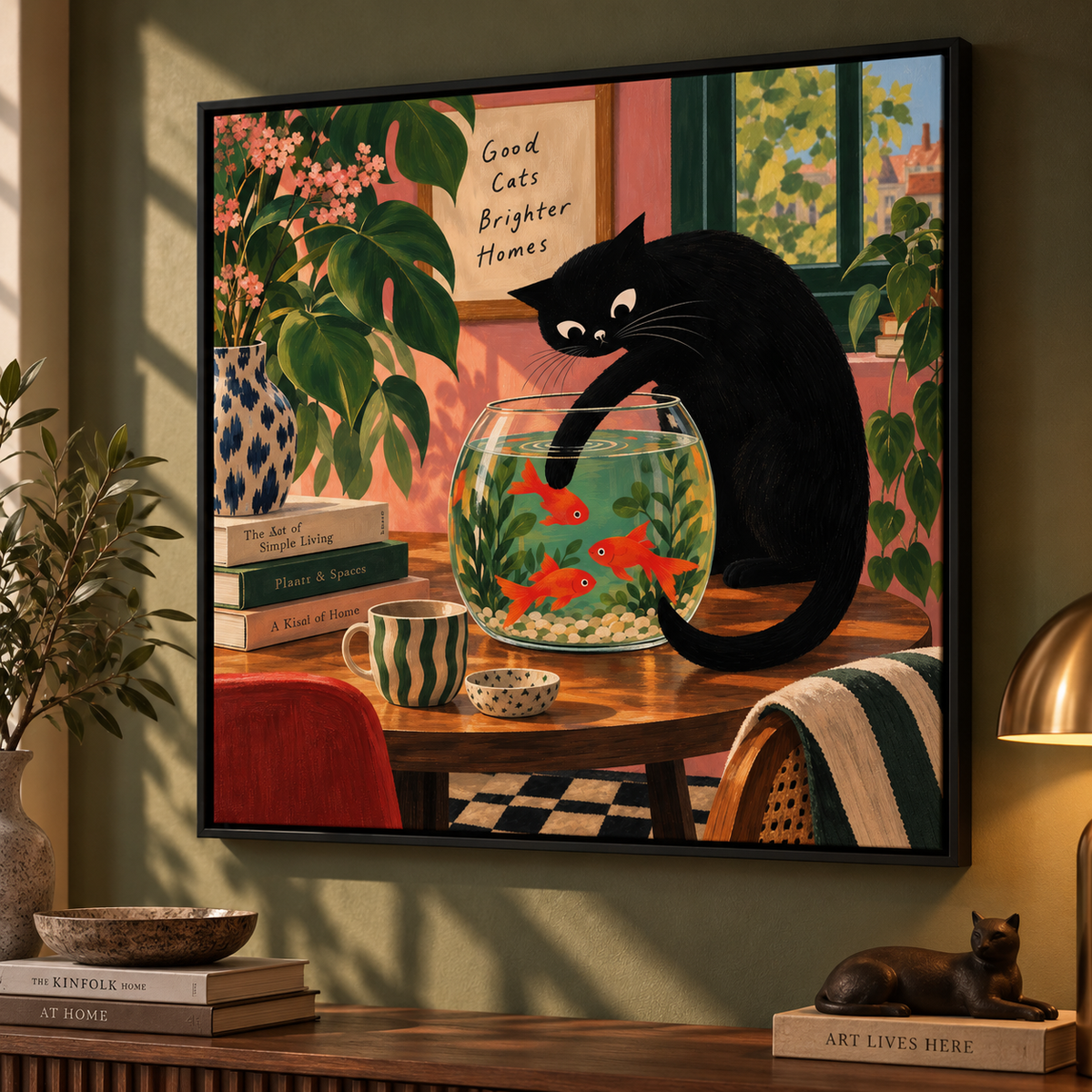 Black Cat and Goldfish Wall Art – Whimsical Cat Fishbowl Canvas-''Caught in the act''