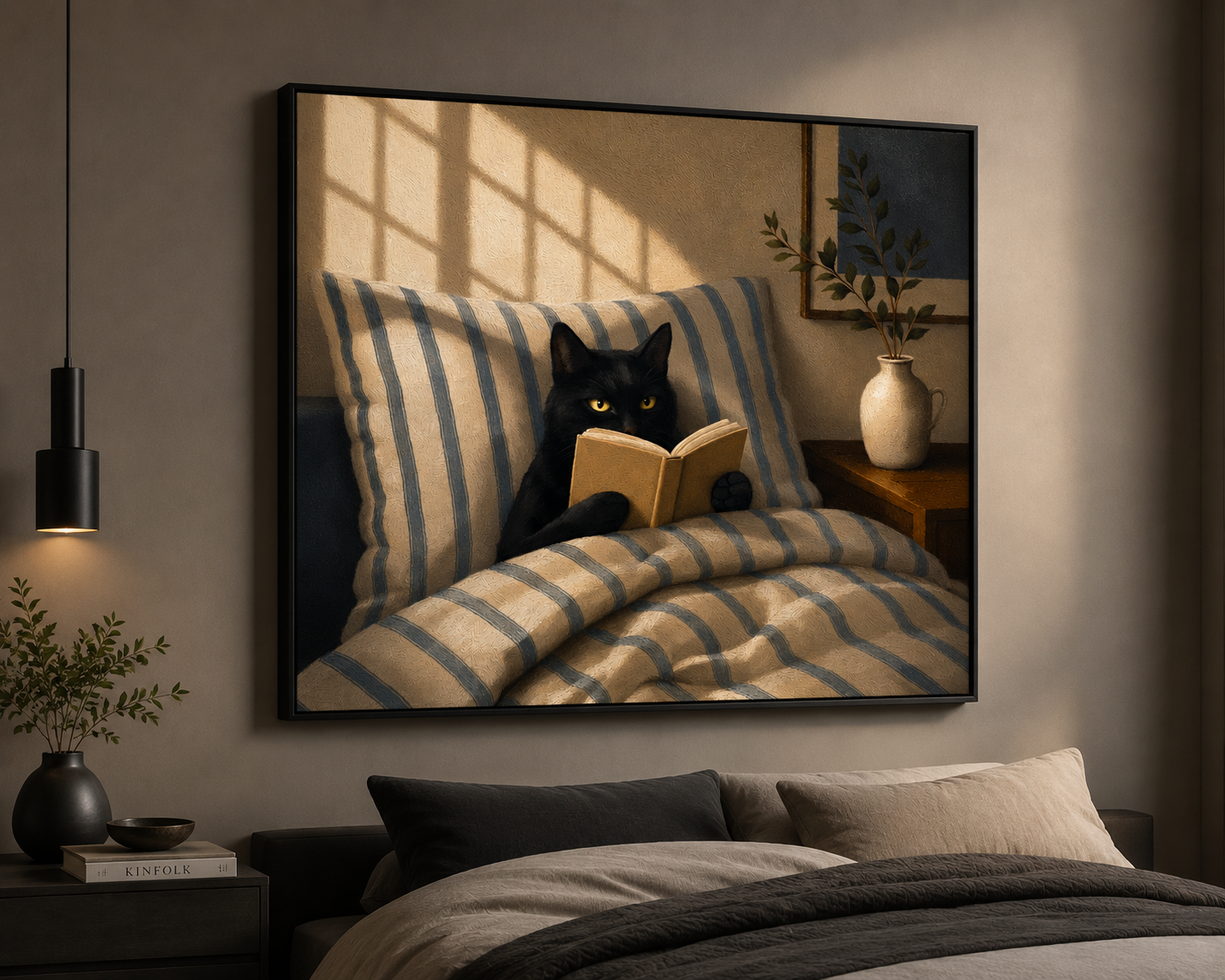Black Cat Reading Wall Art – Cozy Cat in Bed Canvas for Book Lovers