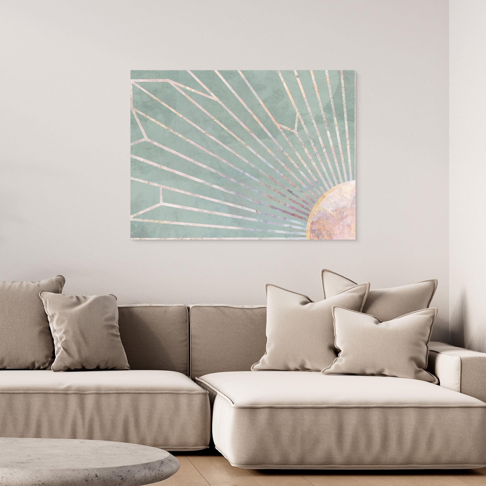 Gold geometric sun rays mural green