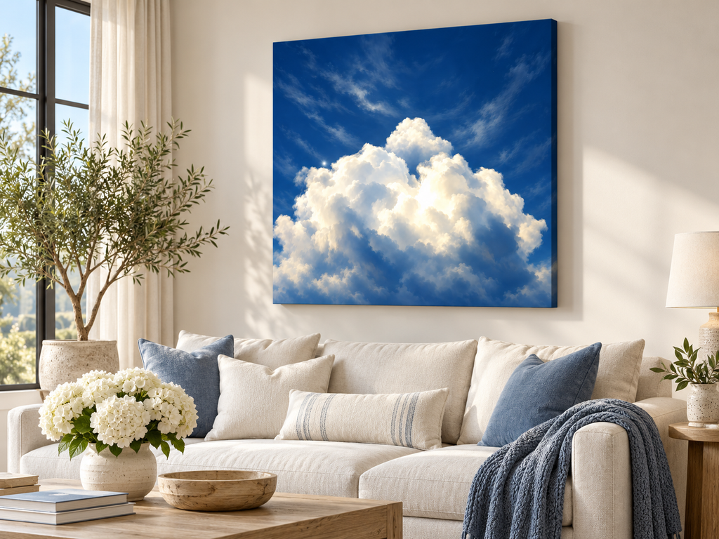 Cloudscape Wall Art – White Clouds on Deep Blue Sky Canvas Print